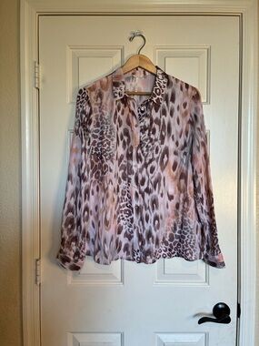 GUESS Peach and Brown Leopard-Print Button Down Blouse